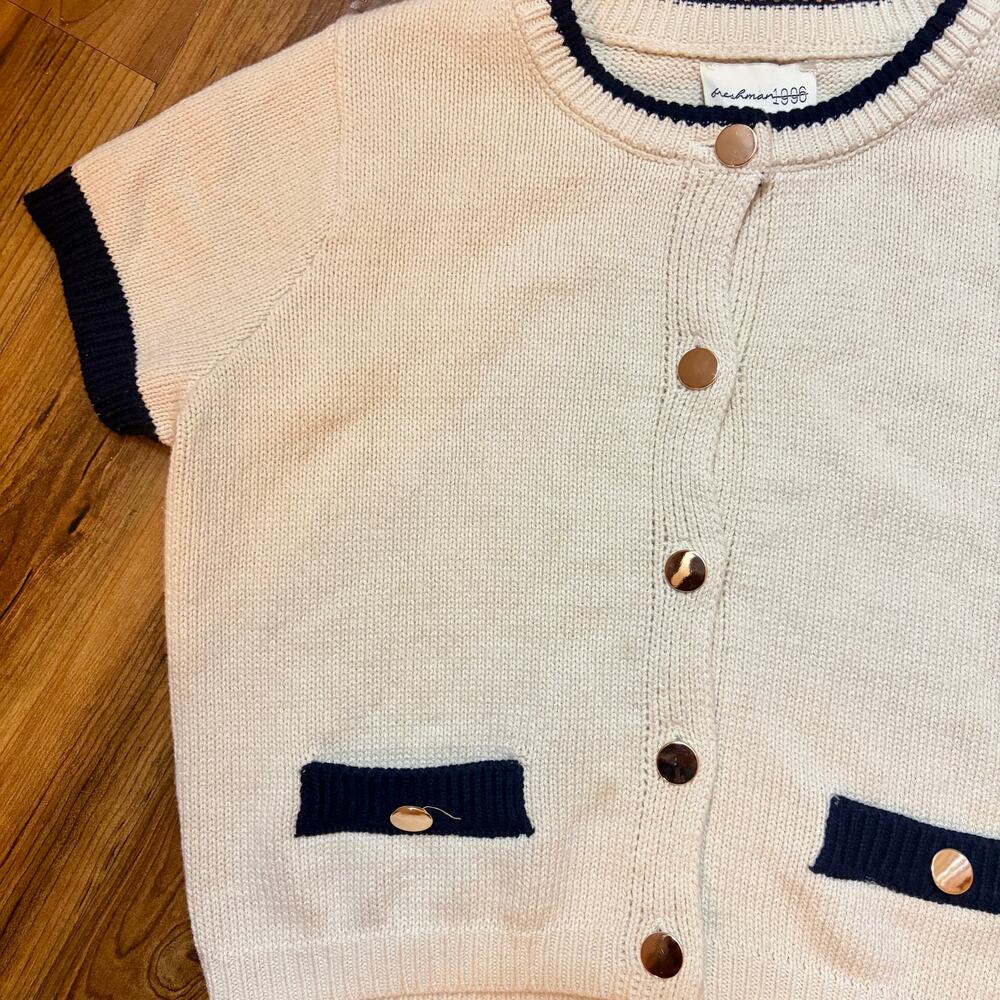 Freshman 1996 Cream & Navy Knit Short Sleeve Cardigan | Gold Button | Women’s M - Picture 2 of 10